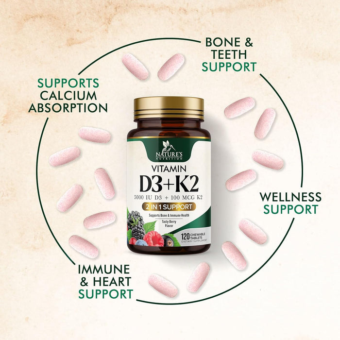 Vitamin D3 K2 Supplement | 5000 IU D3 + K2 100 mcg | MK-7 K2 with Vitamin D | Supports Immune, Heart, Teeth & Bone Health - Nature's Easy to Chew, VIT D3 K2, Non-GMO, Tasty Berry Flavor - 120 Tablets