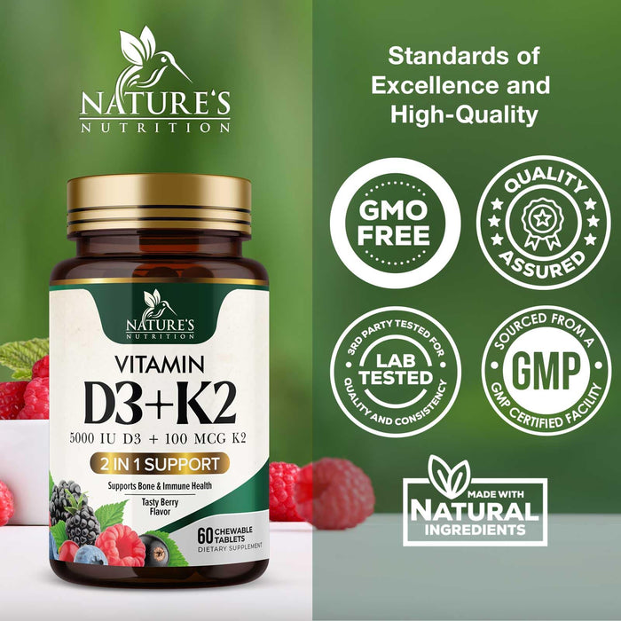 Vitamin D3 K2 Supplement | 5000 IU D3 + K2 100 mcg | MK-7 K2 with Vitamin D | Supports Immune, Heart, Teeth & Bone Health - Nature's Easy to Chew, VIT D3 K2, Non-GMO, Tasty Berry Flavor - 60 Tablets