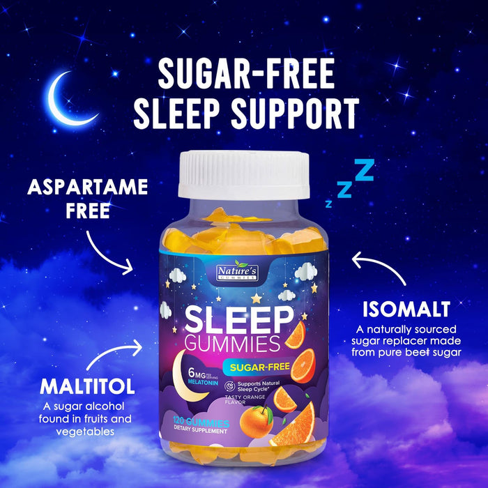 Sleep Gummies 6mg - Melatonin Gummy for Adults, Sugar Free, Natural Sleeping Gummy for Adults, Kids, Orange Flavored, Vegan, Non-GMO, Extra Strength Sleep Vitamin Support Supplement - 120 Gummies