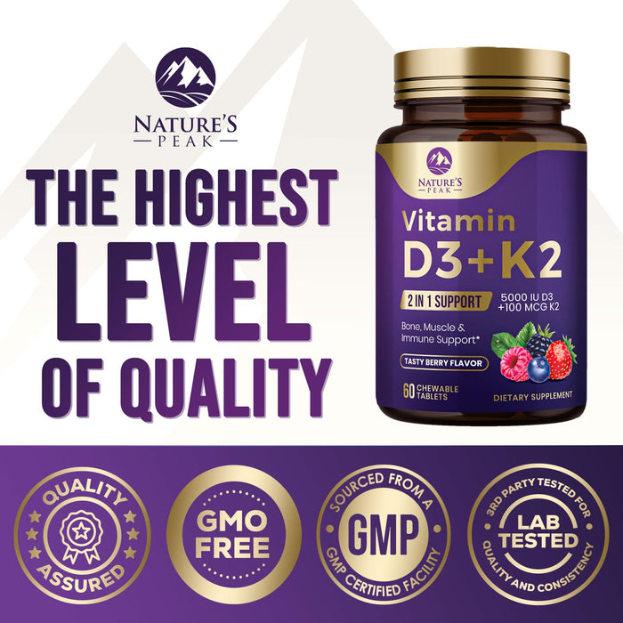 Vitamin D3 K2 - 5000 iu Vitamin D3 & 100 mcg Vitamin K2 (MK-7) Complex for Immune Support - Bone, Teeth & Muscle Health Support - Berry Chewable, Gluten Free, Non-GMO, Made in USA - 60 Tablets