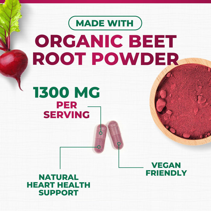 Beet Root Capsules 1300mg - Extra Strength Red Beetroot Powder Supplement – Supports Nitric Oxide Production, Heart Health & Natural Energy – Non-GMO, Vegan, Gluten Free – 60 Veggie Capsules
