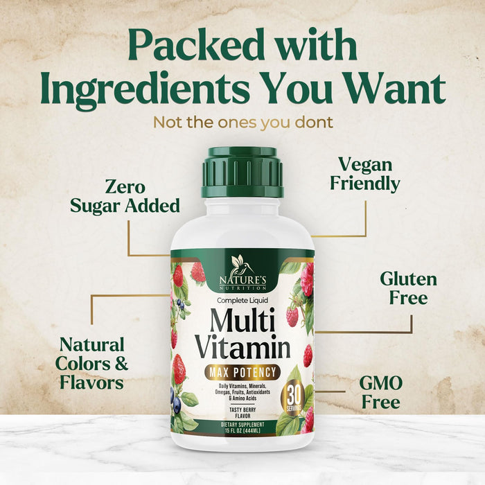 Liquid Multivitamin, Sugar Free Multi Vitamin for Women Men & Kids, Vitamins A, C, D, B-12, Biotin & Zinc for Beauty, Skin Care, Thicker Hair Growth & Wrinkles, Non-GMO, Vegan, Berry Flavor, 15 Fl Oz