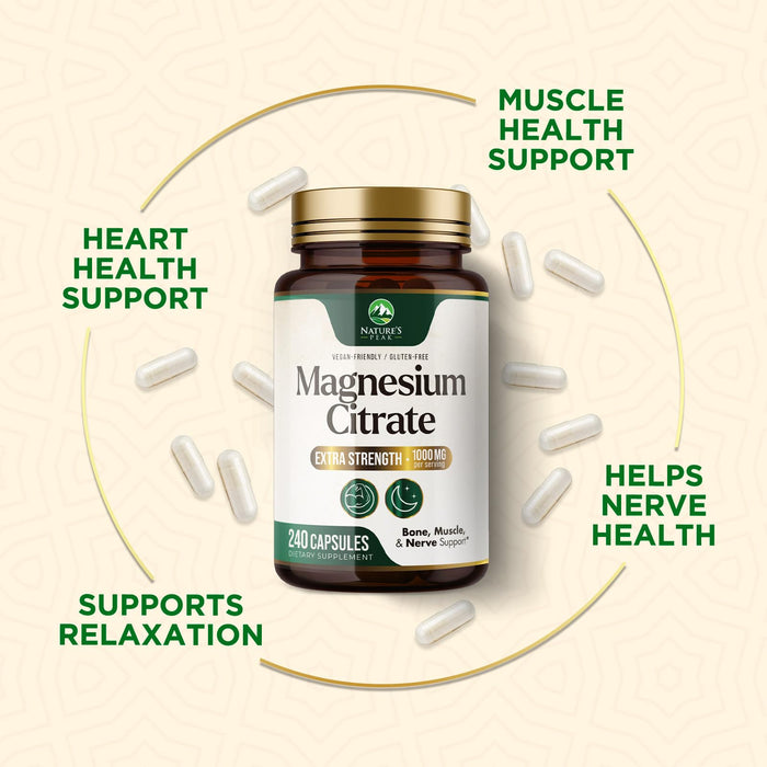 Magnesium Citrate 1000mg - High Absorption Magnesium Supplement Supports Muscle, Bone, Nerve & Heart Health - Extra Strength Magnesio Complex Pills - Non-GMO, Premium Energy Formula - 240 Capsules
