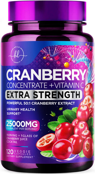 Cranberry Supplement 25,000mg Formula + Vitamin C – Urinary Tract Health Support for Women & Men, 50:1 Whole Fruit Cranberry Extract Pills for Women, Sugar-Free, Non-GMO, Gluten-Free - 120 Capsules
