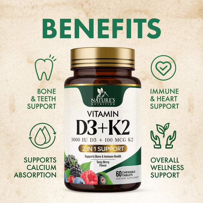 Vitamin D3 K2 Supplement | 5000 IU D3 + K2 100 mcg | MK-7 K2 with Vitamin D | Supports Immune, Heart, Teeth & Bone Health - Nature's Easy to Chew, VIT D3 K2, Non-GMO, Tasty Berry Flavor - 60 Tablets