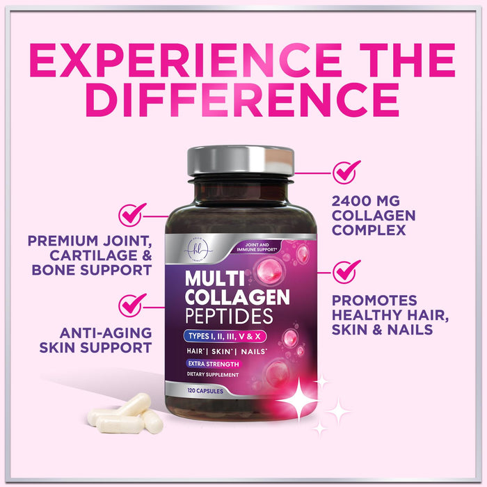 Multi Collagen Peptides Supplement - Hydrolyzed Types I, II, III, V & X Multi Collagen Pills, Hydrolyzed Collagen Peptides Supplements, Hair, Skin, Nail, and Joint Support Supplement, 120 Capsules