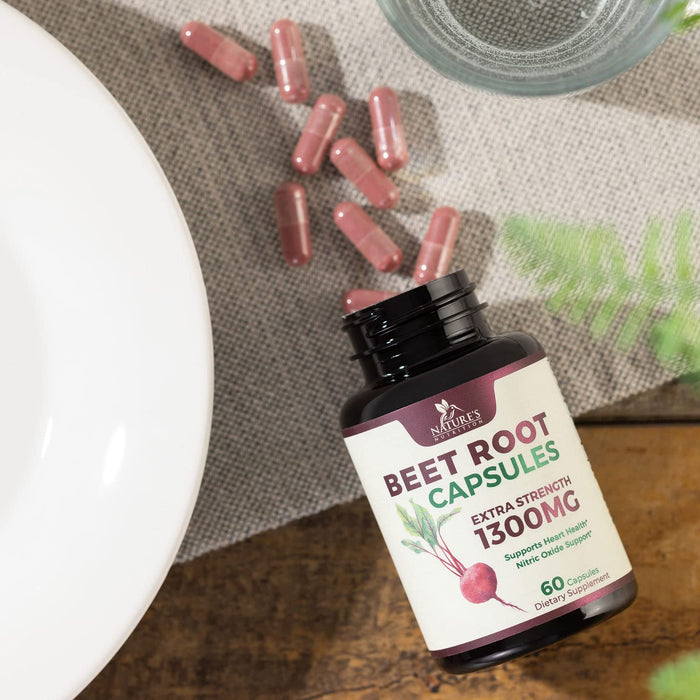 Beet Root Capsules 1300mg - Extra Strength Red Beetroot Powder Supplement – Supports Nitric Oxide Production, Heart Health & Natural Energy – Non-GMO, Vegan, Gluten Free – 60 Veggie Capsules
