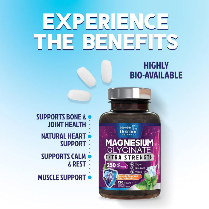 Magnesium Glycinate 250mg - 100% Chelated Magnesium for Max Absorption - Sleep Support, Muscle, Nerves, Bone & Heart Health Support, Best Mag Supplement, Vegan Non-GMO, 3rd Party Tested - 120 Tablets