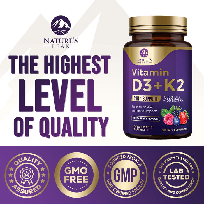 Vitamin D3 K2 - 5000 iu Vitamin D3 & 100 mcg Vitamin K2 (MK-7) Complex for Immune Support - Bone, Teeth & Muscle Health Support - Berry Chewable, Gluten Free, Non-GMO, Made in USA - 120 Tablets