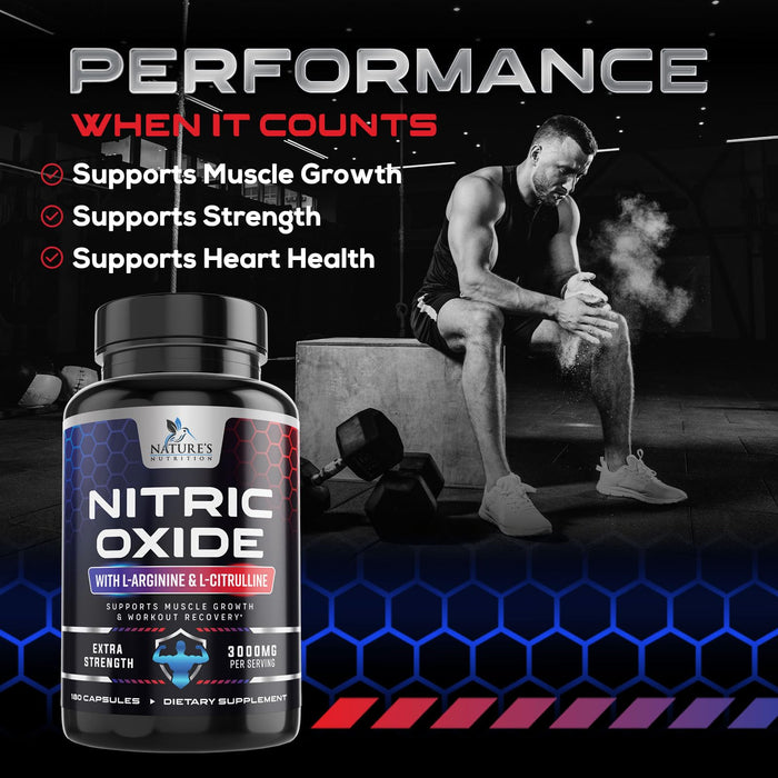 Nitric Oxide Formula with L-Arginine + Citrulline – 3000mg – 180 Capsules