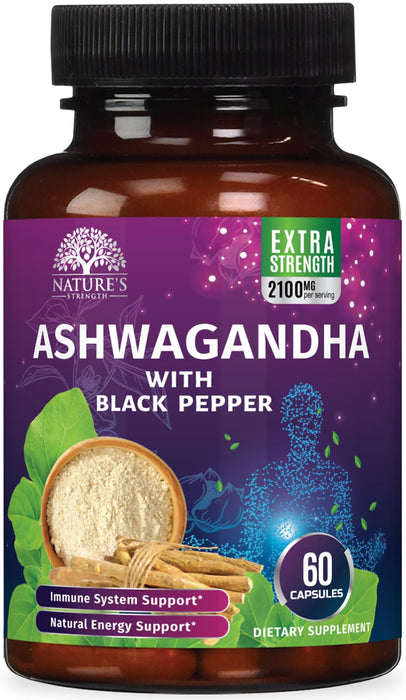 Ashwagandha 2100mg - Extra Strength with Black Pepper for Max Absorption, Ashwagandha Powder and Root Supplements for Women & Men, Antioxidant Support, Vegan, Non-GMO & Gluten Free - 60 Capsules