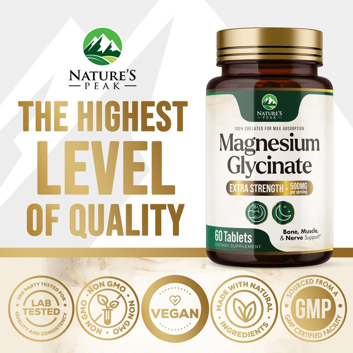 Magnesium Glycinate 500mg - Chelated for Ultra Absorption - Supports Bone, Muscle, Nerves & Heart Health, Nature's Sleep Support, Best Magnesium Supplement Pills for Whole Body Support - 60 Tablets