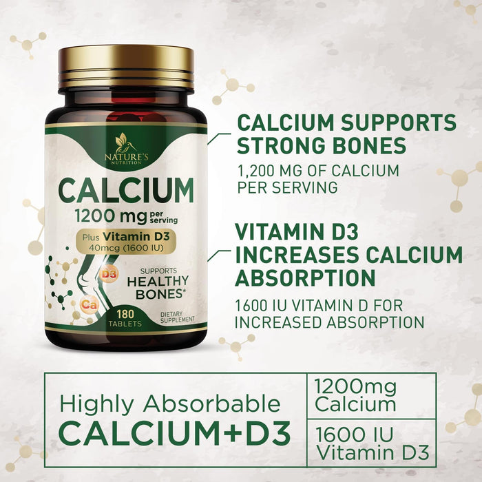 Calcium 1200 mg with Vitamin D3, Calcium Supplement Vitamins, Supports Bone Strength, Teeth & Immune System, Calcium Supplements for Women & Men, Nature's Absorbable Calcium Carbonate - 180 Tablets