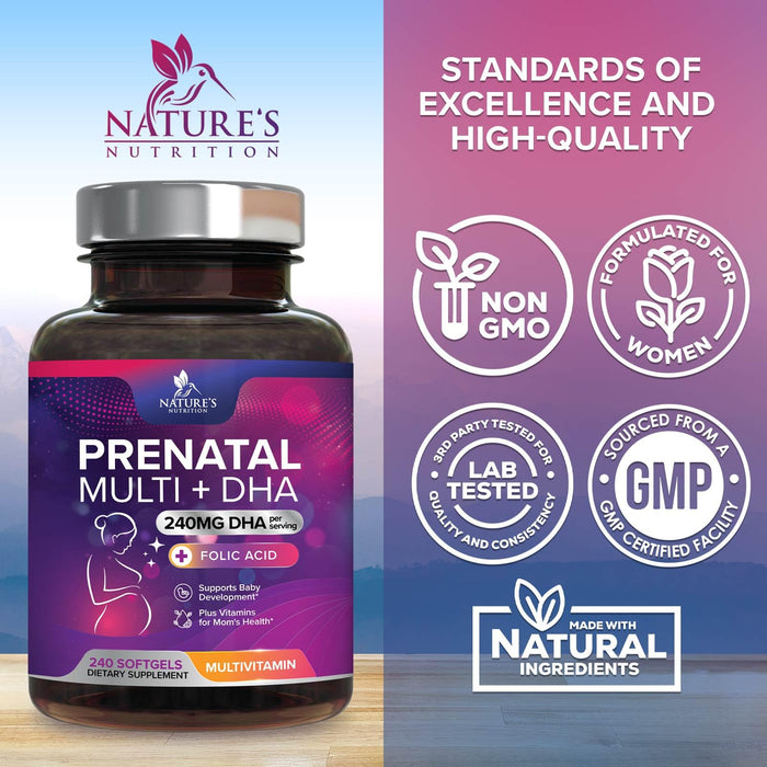 Prenatal Vitamins with Folic Acid & DHA, Fetal Brain Development Support with Folate & Omega 3's, Prenatal Multivitamin for Women, Vitamin A, C, D, B6, B12 & Iron, Pregnancy Supplement - 240 Softgels