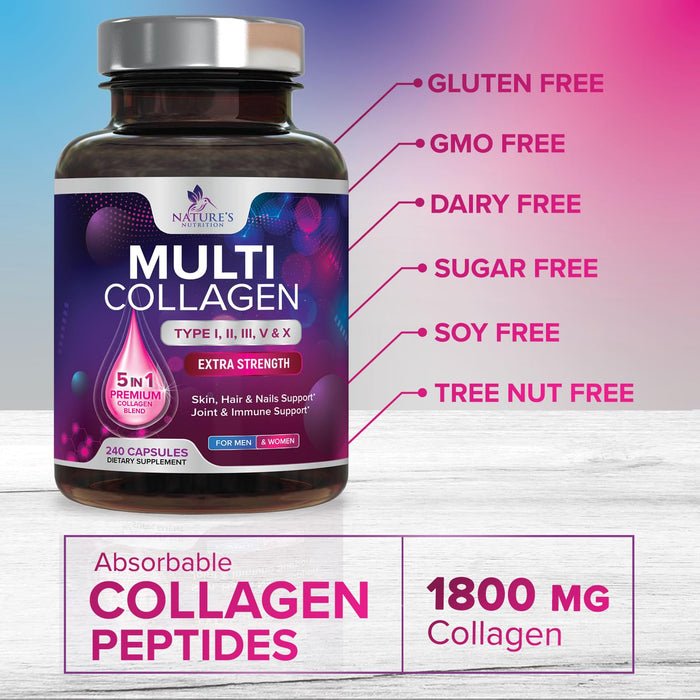 Multi Collagen Peptides Supplement - Hydrolyzed Types I, II, III, V & X Multi Collagen Pills, Hydrolyzed Collagen Peptides Supplements, Hair, Skin, Nail, and Joint Support Supplement, 240 Capsules