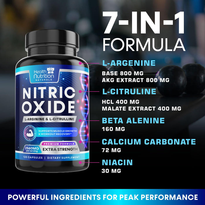 Extra Strength Nitric Oxide Supplement 3X Strength L Arginine, Citrulline Malate, AAKG, Beta Alanine - Premium Muscle Supporting Nitric Booster - Natural Energy & Heart Health Support - 120 Capsules