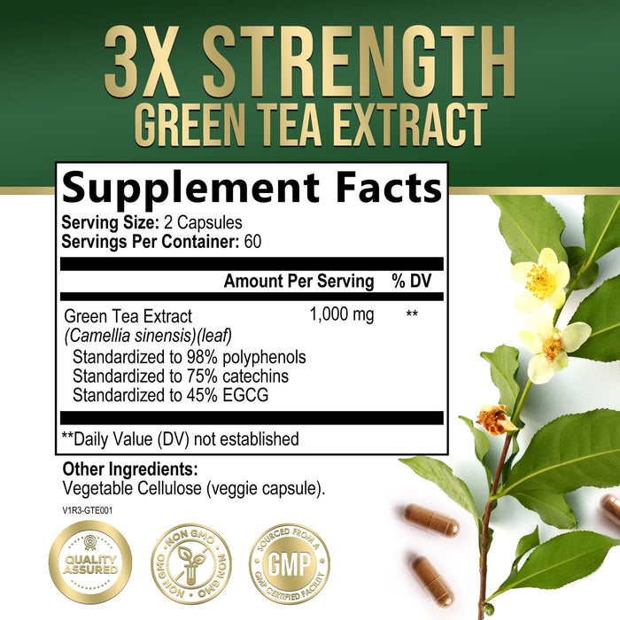 Green Tea Extract Capsules 1000 mg - Standardized 45% EGCG & 98% Polyphenols - 3X Strength Green Tea Pills for Natural Energy - Supports Heart Health, Herbal Supplement, Vegan, Non-GMO - 120 Capsules