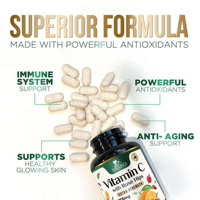 Vitamin C Chewable 1000mg - Extra Strength Antioxidants for Powerful Immune Support w/Vitamin C & Rose HIPS - Potent Dietary VIT C Chews Supplement, Natural, Vegan, Gluten-Free, Non-GMO - 60 Tablets