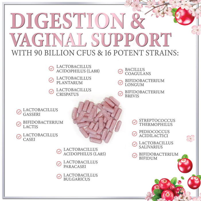 Probiotics for Women Supplement with Cranberry - 16 Premium Strains for PH Balance, Digestive Health, Vaginal & Immune Support, 90 Billion CFU, Women's Probiotic, UT, & Feminine Health - 120 Capsules