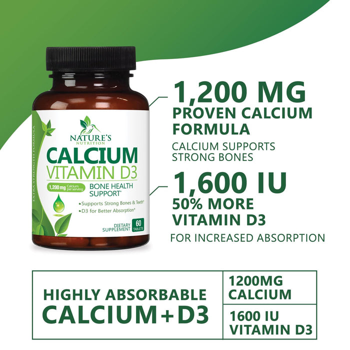 Calcium Supplement with Vitamin D - 1200 mg Calcium Carbonate with 1600 IU of D3 Vitamins - Supports Bone Strength, Teeth & Immune System - Natural & Easily Absorbable for Women & Men - 60 Tablets