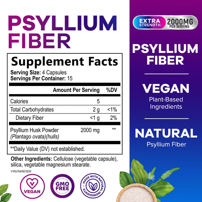 Psyllium Husk Fiber Supplement 1500mg - Vegan Prebiotic, Soluble Fiber for Daily Digestive Health & Regularity Support, Natural Psyllium Powder Caps, Sugar-Free, Non-GMO & Gluten-Free - 60 Capsules