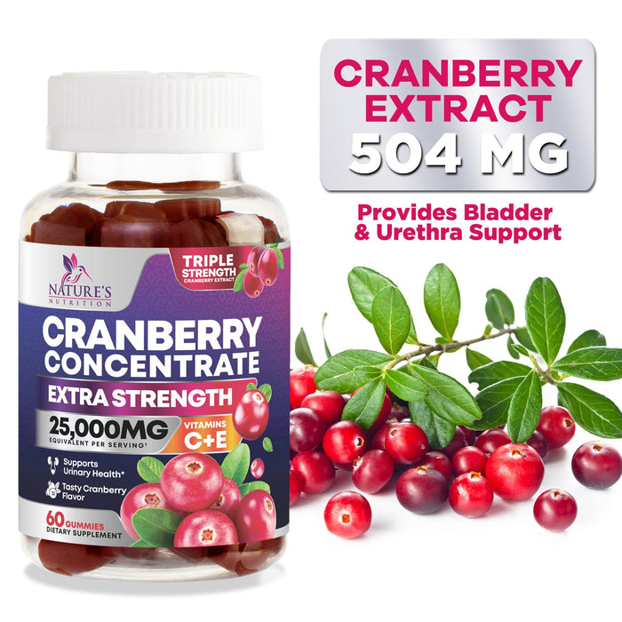 Cranberry Gummies 50:1 Cranberry Extract - Urinary Tract Support Made with 25,000mg, Helps Cleanse & Protect, Cran Berry Gummy Supplement + Vitamin C, Chewable Cran Pills for Women - 60 Gummies