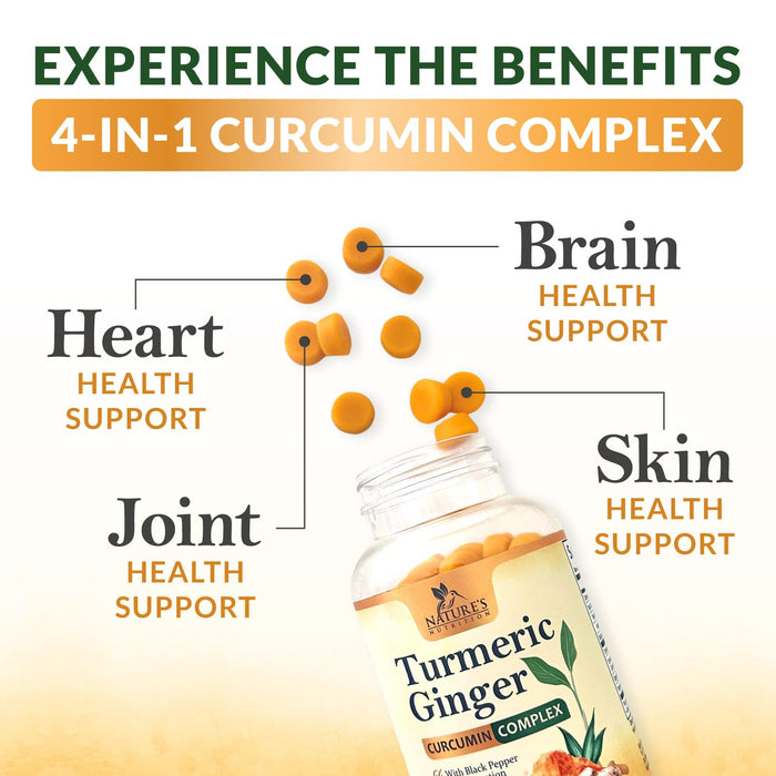 Turmeric Gummies with Black Pepper & Ginger for Best Absorption, 95% Curcuminoids Tumeric Curcumin Gummy, Nature's Herbal Extract Joint Support Supplement, Vegan Non-GMO, Peach Flavor - 60 Gummies