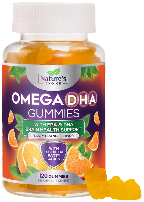 Omega 3 Fish Oil Gummies - Triple Strength Omega3 Gummy - DHA & EPA Fatty Acids for Heart Health, Joint & Brain Support, Nature's High Absorption Omega Fish Oil Supplement, Orange Flavor- 120 Gummies