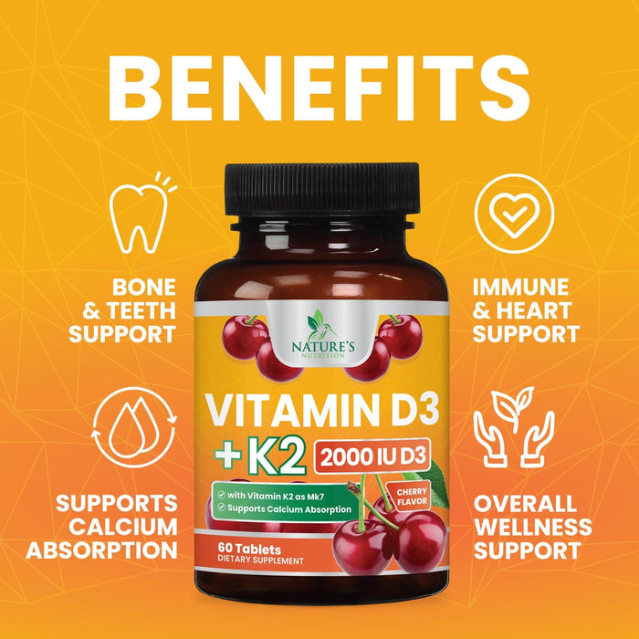Vitamin D3 K2 2000 IU Plus with K2 (MK-7) 75 mcg - Vitamins D & K Complex Supplement for Bone, Teeth, Muscle, Calcium Absorption, Supports Immune & Heart Health, Non-GMO Chewable Formula - 60 Tablets