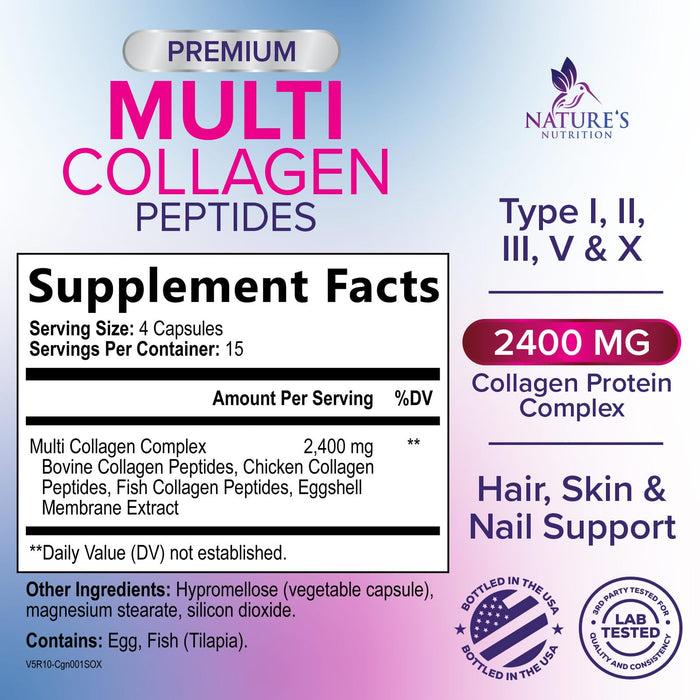 Multi Collagen Peptides Supplement - Hydrolyzed Types I, II, III, V & X Multi Collagen Pills, Hydrolyzed Collagen Peptides Supplements, Hair, Skin, Nail, and Joint Support Supplement, 60 Capsules