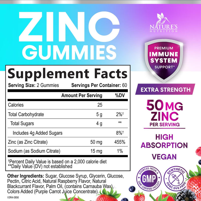 Zinc Gummies 50mg - Bone Skin & Immune Support Health Gummy & Premium Antioxidant Chewable for Adults - High Absorption Vegan, Gluten Free Zinc Supplements Vitamin - Tasty Berry Flavor - 120 Gummies