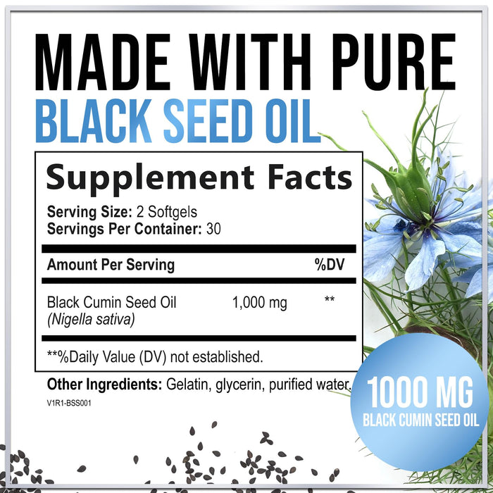 Black Seed Oil Softgels 1000mg - Premium Nigella Sativa Blackseed, Pure Natural Black Cumin Seed Oil & Antioxidant for Skin & Immune Support - Non GMO, Bottled in USA Supplement - 60 Softgels