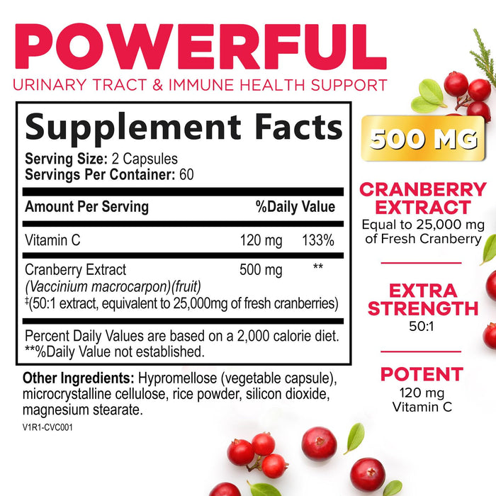 Cranberry Pills for Women - 500 mg Natural Urinary Tract Health Support - Concentrated Formula from Whole Fruit Cranberry & Vitamin C - Sugar Free, Gluten Free, Non-GMO Supplement - 120 Capsules