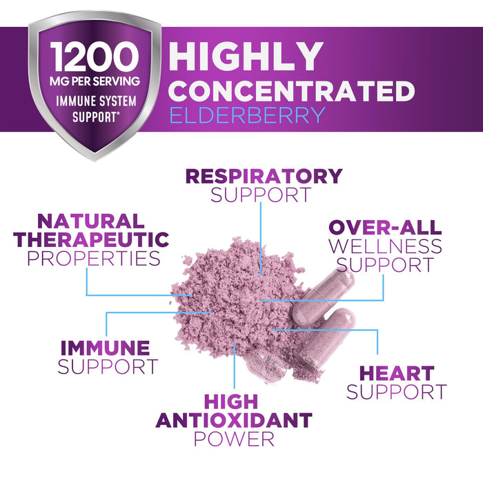 Elderberry Immune Support 1200mg Extract Capsules - Daily Immune Support for Adults with Concentrated Sambucus Black Elderberry Antioxidant - Gluten Free Vitamin, Non-GMO Supplement - 60 Capsules
