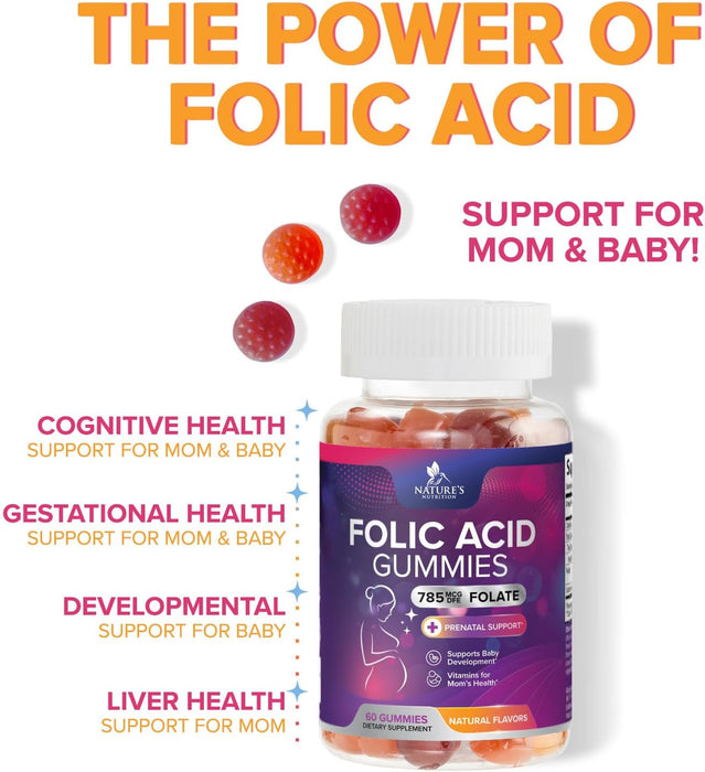 Folic Acid Gummies for Women 785 mcg, Essential Prenatal Vitamins for Mom & Baby, Vegan Folic Supplement Gummy, Daily Vitamin B9 Extra Strength Folate, Before During After Pregnancy - 60 Gummies