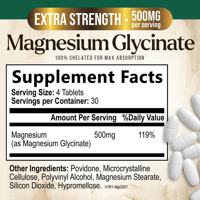 Magnesium Glycinate 500mg - Chelated for Ultra Absorption - Supports Bone, Muscle, Nerves & Heart Health, Nature's Sleep Support, Best Magnesium Supplement Pills for Whole Body Support - 120 Tablets