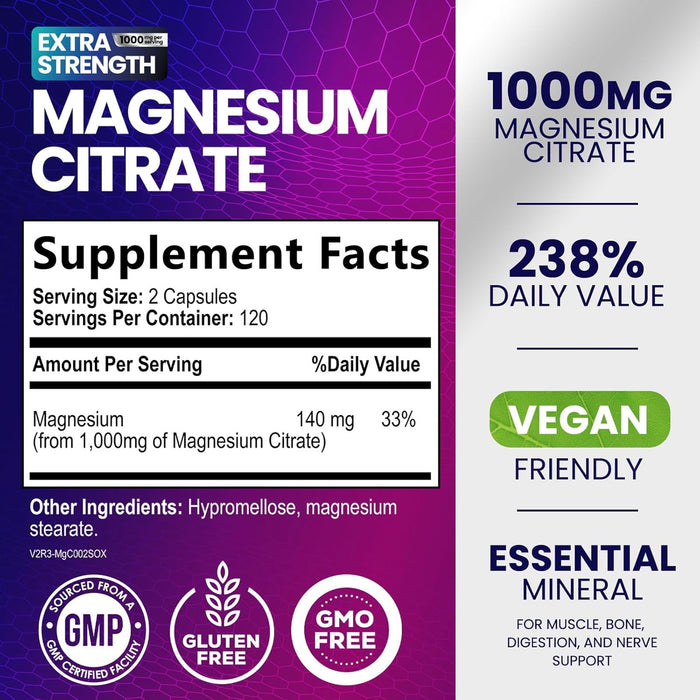Magnesium Citrate Supplement 1000 mg for Best Absorption, Supports Bone, Heart Health, Nerves, Muscles, Metabolism & Calm, Nature's Pure Magnesio Vitamin Pills, Bottled in USA - 240 Capsules