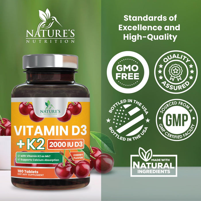 Vitamin D3 K2 2000 IU Plus with K2 (MK-7) 75 mcg - Vitamins D & K Complex Supplement for Bone, Teeth, Muscle, Calcium Absorption, Supports Immune & Heart Health, Non-GMO Chewable Formula - 180 Tablets