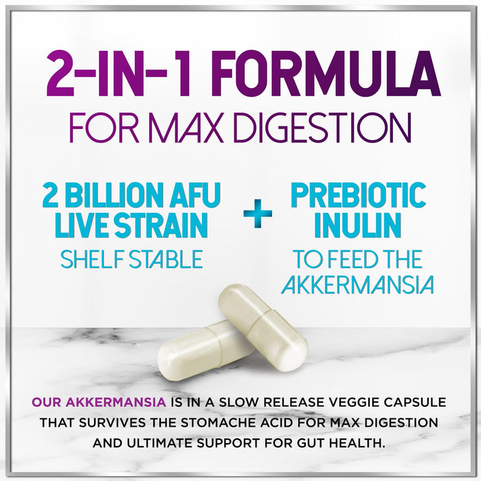 Akkermansia Probiotic with Prebiotic Fiber - Supports GLP-1 Production - 2 Billion AFU Strain for Digestive & Gut Health Support - Delayed Release, Third-Party Tested for Women & Men - 120 Capsules