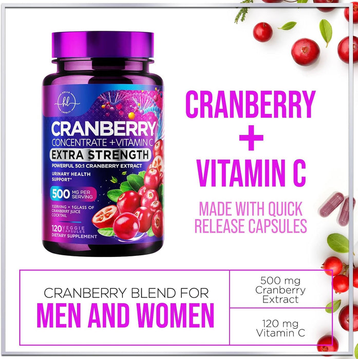 Cranberry Supplement 25,000mg Formula + Vitamin C – Urinary Tract Health Support for Women & Men, 50:1 Whole Fruit Cranberry Extract Pills for Women, Sugar-Free, Non-GMO, Gluten-Free - 120 Capsules