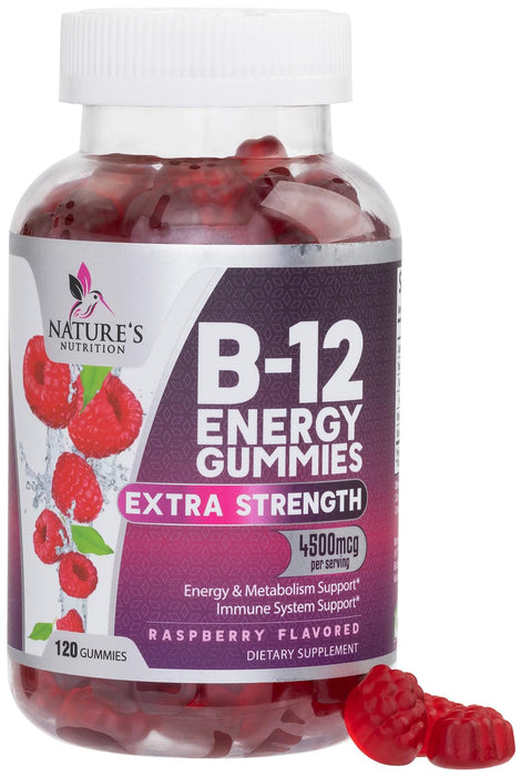 B-12 Vitamin Energy Gummies - 4500mcg Extra Strength B12 Gummy Chewables for Energy Metabolism & Immune Support - Dietary Supplement for Women, Men, & Kids - Non-GMO, Vegan, Berry Flavor - 120 Count