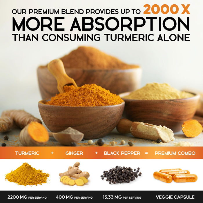 Turmeric Curcumin Supplement 2600mg - with Organic Ginger & Turmeric, 95% Curcuminoids, BioPerine Black Pepper for Best Absorption, Nature's Vegan Joint Support, Non-GMO, Bottled in USA - 240 Capsules
