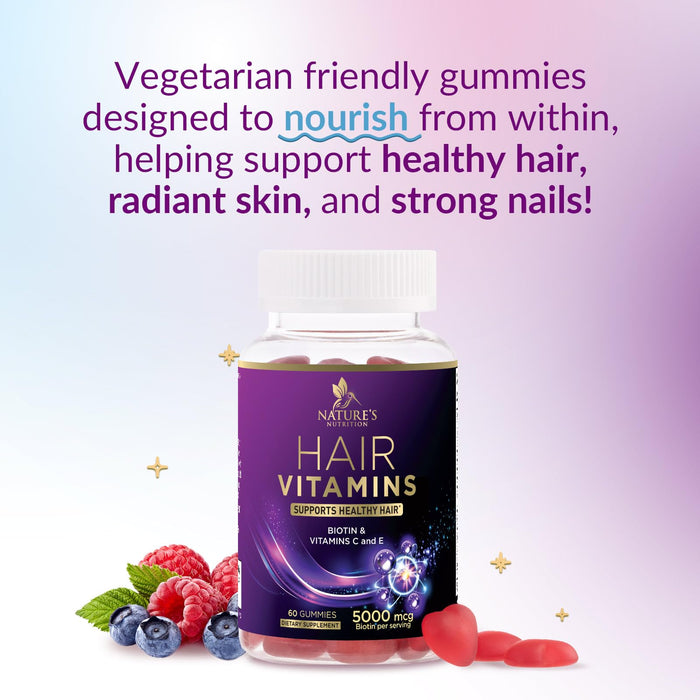 Hair Vitamins Gummies with Biotin 5000 mcg - Stronger, Radiant Hair, Skin & Nails Supplement - Vitamin E & C, Hair Growth Support Vitamin for Women & Men, Non-GMO & Gluten Free - 60 Gummies