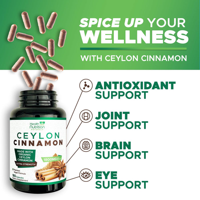 Ceylon Cinnamon Capsules 1800mg - Certified Organic Ceylon Cinnamon Powder Supplement, Bottled in USA, Extra Strength Energy & Heart Support Pills, Non-GMO & Gluten Free, Sugar Free - 180 Capsules