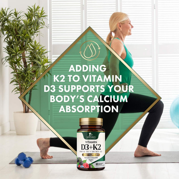 Vitamin D3 K2 Supplement | 5000 IU D3 + K2 100 mcg | MK-7 K2 with Vitamin D | Supports Immune, Heart, Teeth & Bone Health - Nature's Easy to Chew, VIT D3 K2, Non-GMO, Tasty Berry Flavor - 60 Tablets