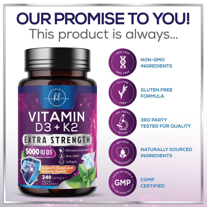 Vitamin D3 K2 - Vitamin D3 (5000 iu) & 100 mcg Vitamin K2 (MK-7) Complex for Immune Support & Bone, Teeth & Muscle Health - Easy to Swallow, Gluten Free, Non-GMO, Bottled in USA - 240 Softgels