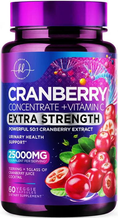 Cranberry Supplement 25,000mg Formula + Vitamin C – Urinary Tract Health Support for Women & Men, 50:1 Whole Fruit Cranberry Extract Pills for Women, Sugar-Free, Non-GMO, Gluten-Free - 60 Capsules