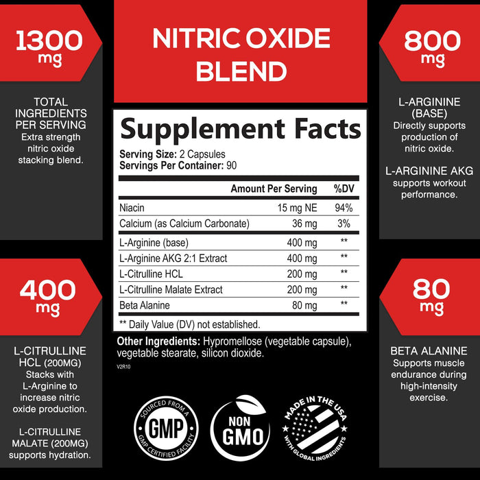 Extra Strength Nitric Oxide Supplement 3X Strength L Arginine, Citrulline Malate, AAKG, Beta Alanine - Premium Muscle Supporting Nitric Booster - Natural Energy & Heart Health Support - 180 Capsules