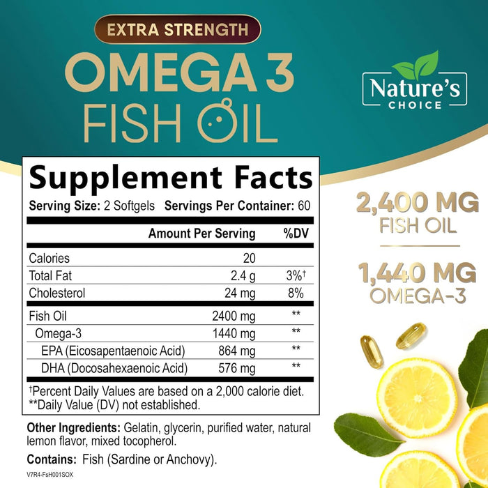 Omega 3 Fish Oil Supplement 2400 mg - Triple Strength EPA & DHA Fish Oil Omega 3, Essential Fatty Acids Supplement Softgels, Brain & Heart Health Support Supplements, Gluten Free Non-GMO, 120 Softgels