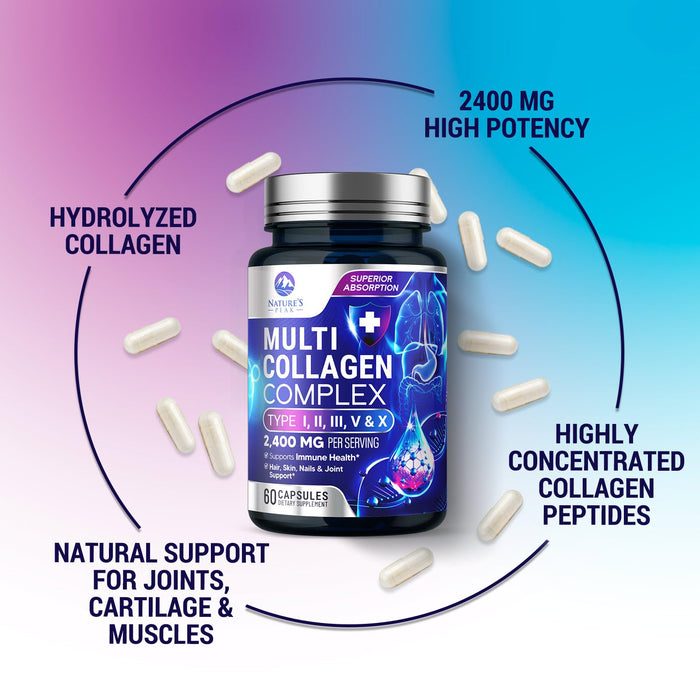Multi Collagen Peptides Supplement for Hair, Nail, Skin - Type I, II, III, V, X, Collagen Powder Pills - Grass-Fed, Hydrolyzed for Bone and Joint Support for Women & Men, Non-GMO - 60 Capsules